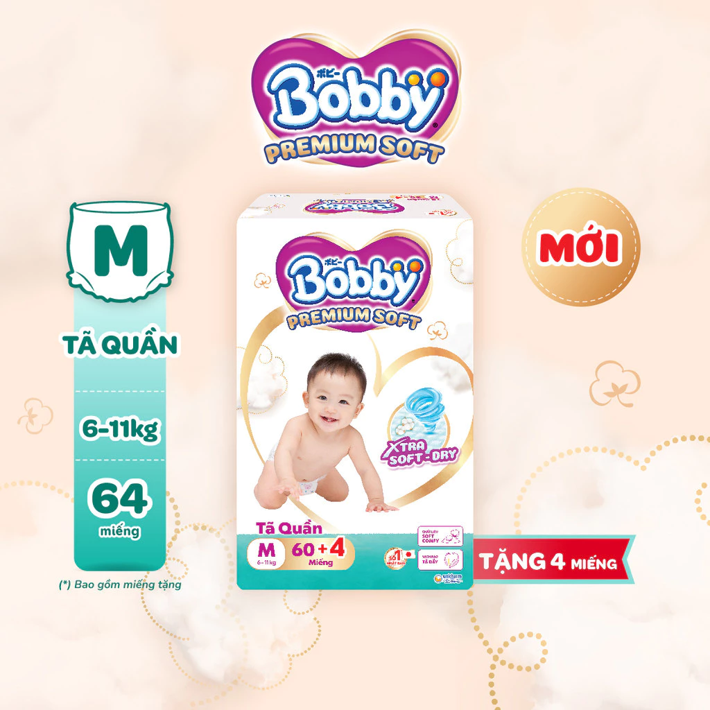 [Tặng 4 miếng] Tã quần Bobby Premium Soft size M60/L56/XL52/XXL48