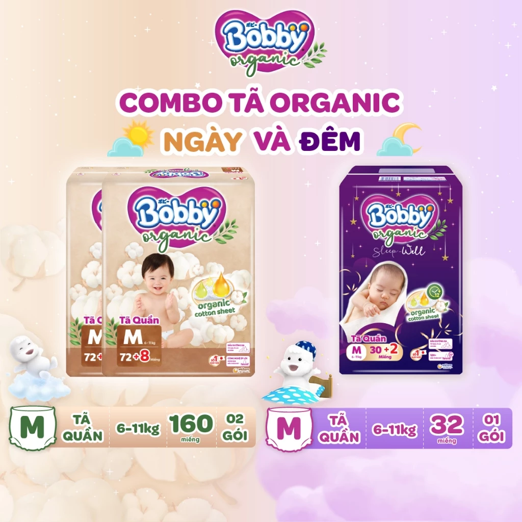[Combo3]Tã/Bỉm Quần Bobby Organic Ngày & Đêm Chăm Sóc Dịu Nhẹ Khô Thoáng Từ Thiên Nhiên Size M/L/XL/XXL/XXXL cho bé 6kg-35kg